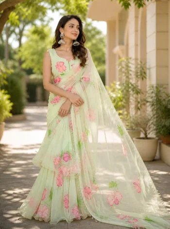 DESIGNER GEORGETTE DIGITAL PRINT WORK LEHENGA SAREE WITH STITCHED BLOUSE LEMON