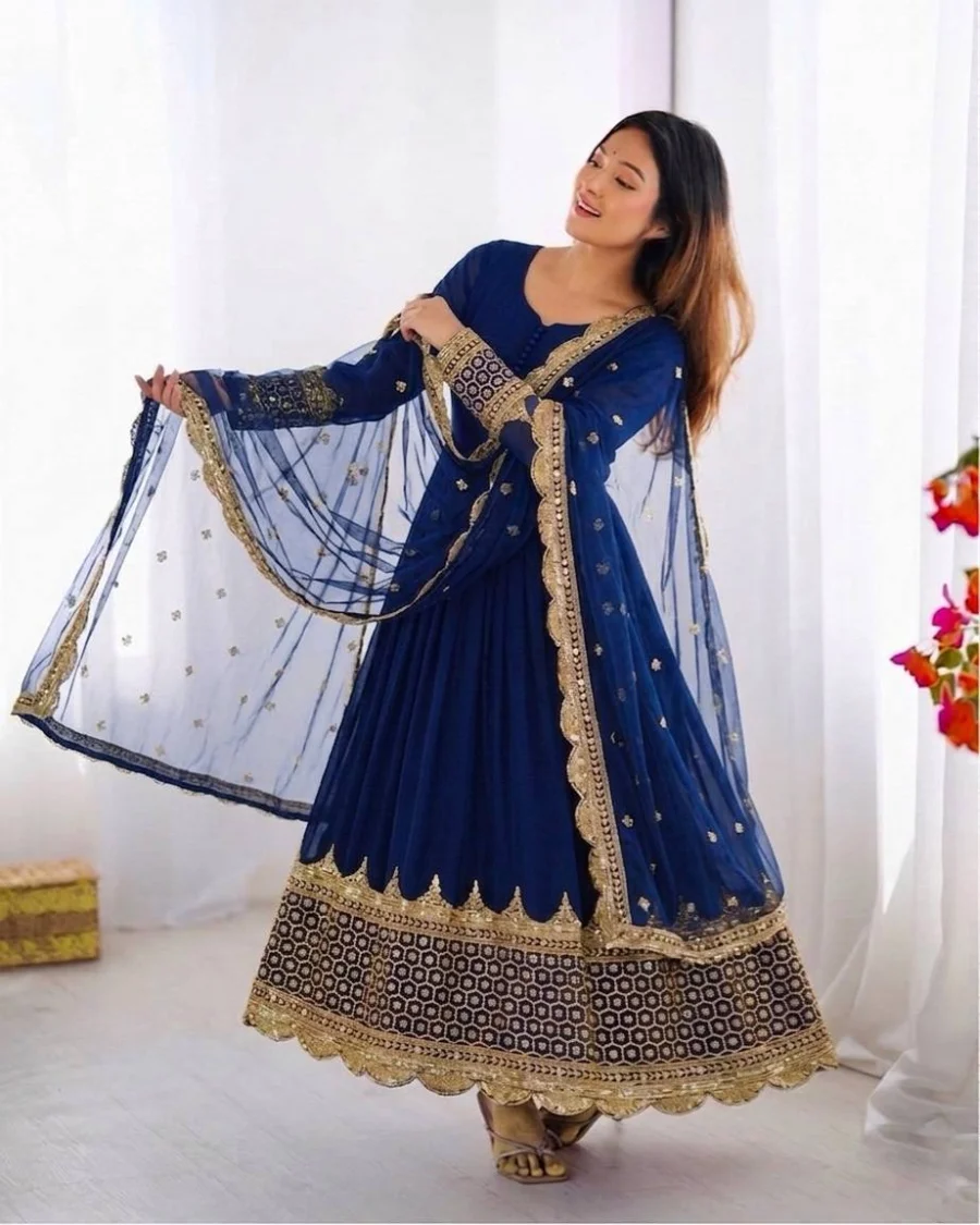DESIGNER GEORGETTE EMBROIDERY SEQUENCE WORK GOWN WITH DUPATTA FESTIVE WEAR WHOLESALE PRICE ETHNIC GARMENT (10)