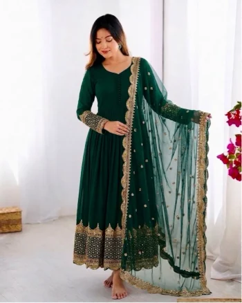 DESIGNER GEORGETTE EMBROIDERY SEQUENCE WORK GOWN WITH DUPATTA GREEN