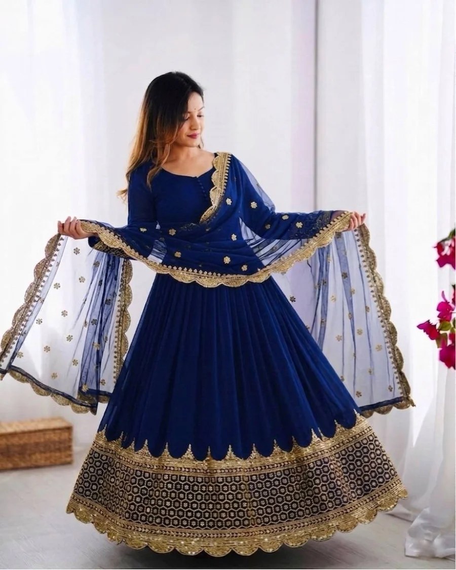 DESIGNER GEORGETTE EMBROIDERY SEQUENCE WORK GOWN WITH DUPATTA FESTIVE WEAR WHOLESALE PRICE ETHNIC GARMENT (13)