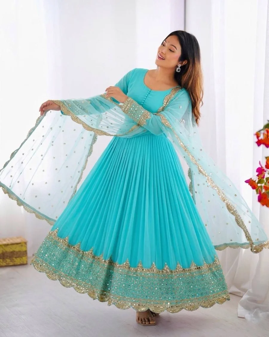 DESIGNER GEORGETTE EMBROIDERY SEQUENCE WORK GOWN WITH DUPATTA FESTIVE WEAR WHOLESALE PRICE ETHNIC GARMENT (13)