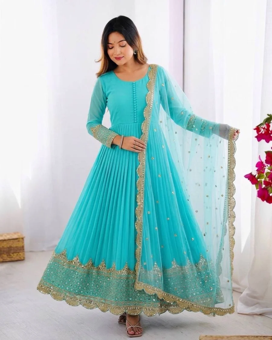 DESIGNER GEORGETTE EMBROIDERY SEQUENCE WORK GOWN WITH DUPATTA FESTIVE WEAR WHOLESALE PRICE ETHNIC GARMENT (14)