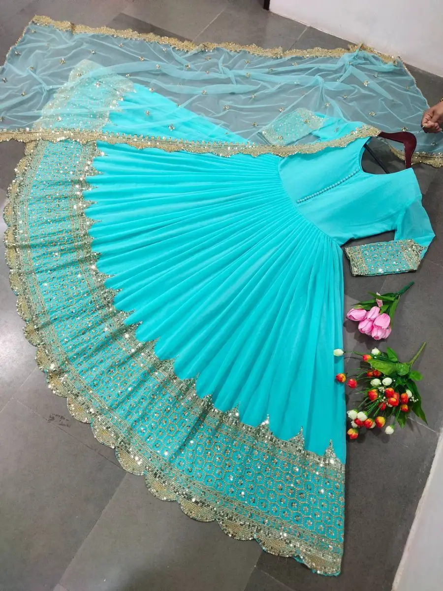 DESIGNER GEORGETTE EMBROIDERY SEQUENCE WORK GOWN WITH DUPATTA FESTIVE WEAR WHOLESALE PRICE ETHNIC GARMENT (16)