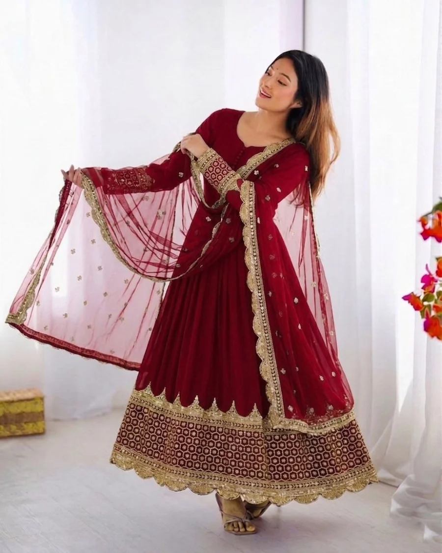 DESIGNER GEORGETTE EMBROIDERY SEQUENCE WORK GOWN WITH DUPATTA FESTIVE WEAR WHOLESALE PRICE ETHNIC GARMENT (2)