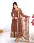 DESIGNER GEORGETTE EMBROIDERY SEQUENCE WORK GOWN WITH DUPATTA CHIKU