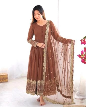 DESIGNER GEORGETTE EMBROIDERY SEQUENCE WORK GOWN WITH DUPATTA CHIKU