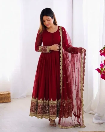 DESIGNER GEORGETTE EMBROIDERY SEQUENCE WORK GOWN WITH DUPATTA MAROON