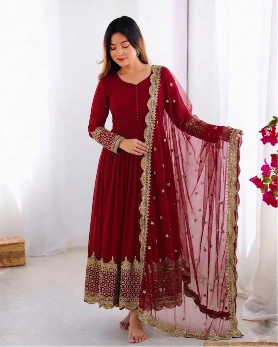 DESIGNER GEORGETTE EMBROIDERY SEQUENCE WORK GOWN WITH DUPATTA FESTIVE WEAR WHOLESALE PRICE ETHNIC GARMENT (7)