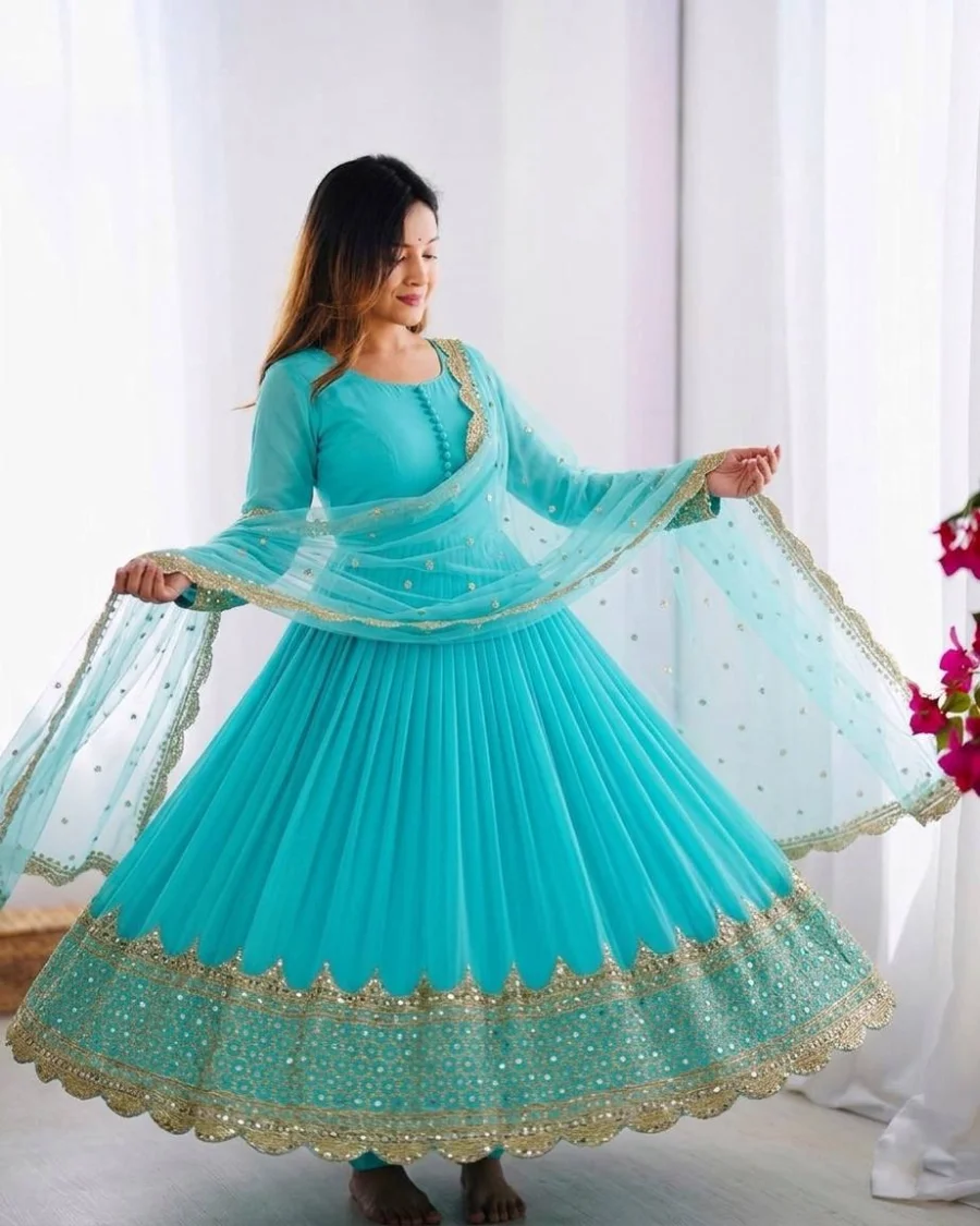DESIGNER GEORGETTE EMBROIDERY SEQUENCE WORK GOWN WITH DUPATTA FESTIVE WEAR WHOLESALE PRICE ETHNIC GARMENT (9)