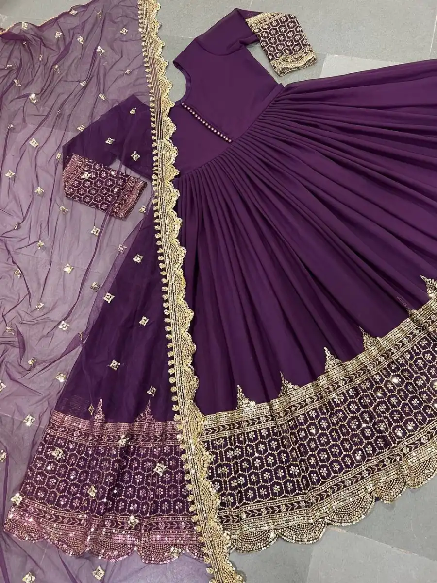 DESIGNER GEORGETTE EMBROIDERY SEQUENCE WORK GOWN WITH DUPATTA PURPLE (1)