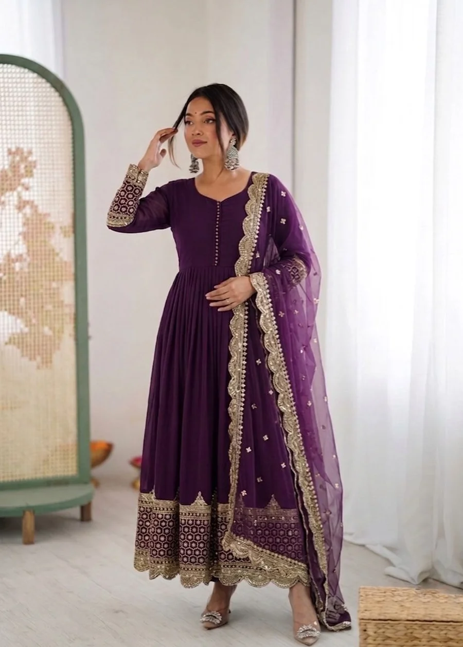 DESIGNER GEORGETTE EMBROIDERY SEQUENCE WORK GOWN WITH DUPATTA PURPLE (2)