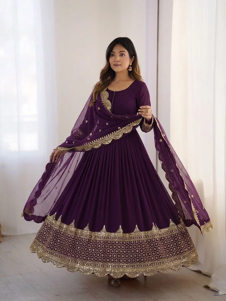 DESIGNER GEORGETTE EMBROIDERY SEQUENCE WORK GOWN WITH DUPATTA PURPLE (4)