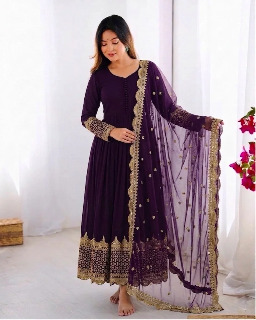 DESIGNER GEORGETTE EMBROIDERY SEQUENCE WORK GOWN WITH DUPATTA PURPLE (5)