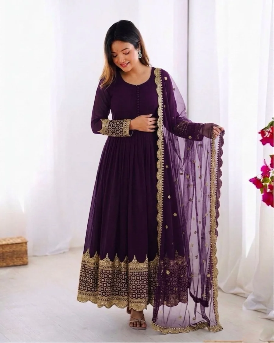 DESIGNER GEORGETTE EMBROIDERY SEQUENCE WORK GOWN WITH DUPATTA PURPLE (6)