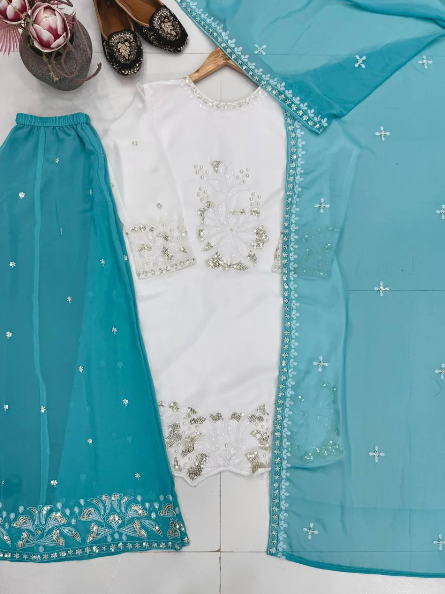 DESIGNER GEORGETTE EMBROIDERY SEQUENCE WORK WITH PERAL MOTI HAND WORK TOP PALAZZO WITH DUPATTA FESTIVE WEAR WHOLESALE PRICE ETHNIC GARMENT (1)