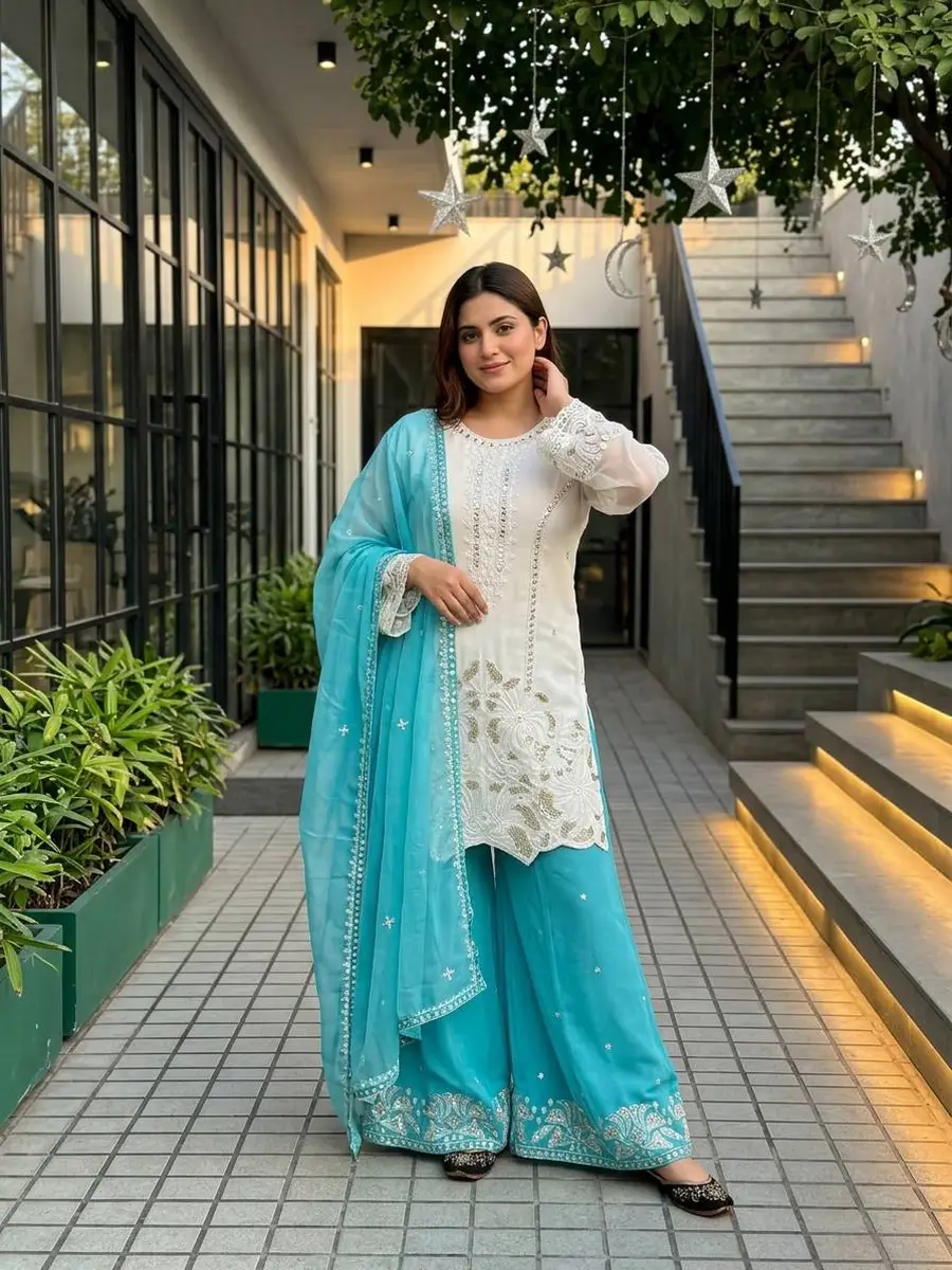DESIGNER GEORGETTE EMBROIDERY SEQUENCE WORK WITH PERAL MOTI HAND WORK TOP PALAZZO WITH DUPATTA FESTIVE WEAR WHOLESALE PRICE ETHNIC GARMENT (2)