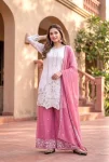 DESIGNER GEORGETTE EMBROIDERY SEQUENCE WORK WITH PERAL MOTI HAND WORK TOP PALAZZO WITH DUPATTA WHITE AND BABY PINK