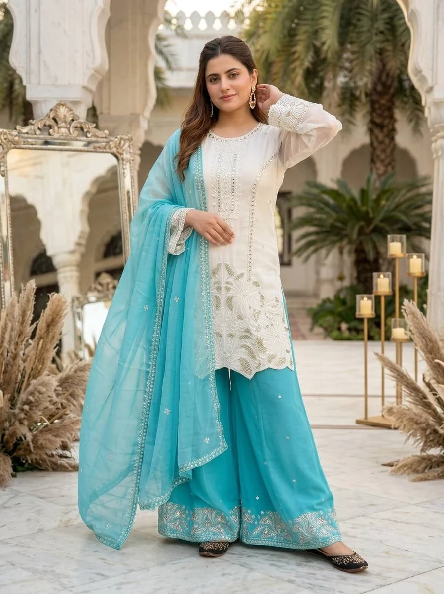 DESIGNER GEORGETTE EMBROIDERY SEQUENCE WORK WITH PERAL MOTI HAND WORK TOP PALAZZO WITH DUPATTA FESTIVE WEAR WHOLESALE PRICE ETHNIC GARMENT (5)