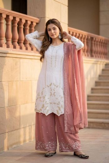 DESIGNER GEORGETTE EMBROIDERY SEQUENCE WORK WITH PERAL MOTI HAND WORK TOP PALAZZO WITH DUPATTA WHITE AND DUSTY ROSE