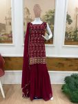 DESIGNER GEORGETTE EMBROIDERY WORK WITH FANCY LACE WORK TOP SHARARA WITH DUPATTA WINE