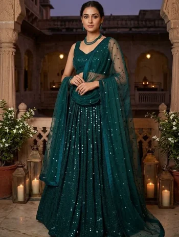 DESIGNER GEORGETTE SEQUENCE WORK LEHENGA CHOLI WITH DUPATTA DARK GREEN