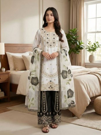 DESIGNER GMY SILK EMBROIDERY SEQUENCE WORK TOP PALAZZO WITH DUPATTA BLACK AND WHITE