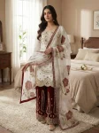 DESIGNER GMY SILK EMBROIDERY SEQUENCE WORK TOP PALAZZO WITH DUPATTA MAROON AND WHITE