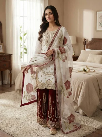 DESIGNER GMY SILK EMBROIDERY SEQUENCE WORK TOP PALAZZO WITH DUPATTA MAROON AND WHITE