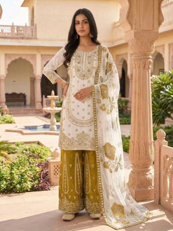 DESIGNER GMY SILK EMBROIDERY SEQUENCE WORK TOP PALAZZO WITH DUPATTA MUSTARD AND WHITE