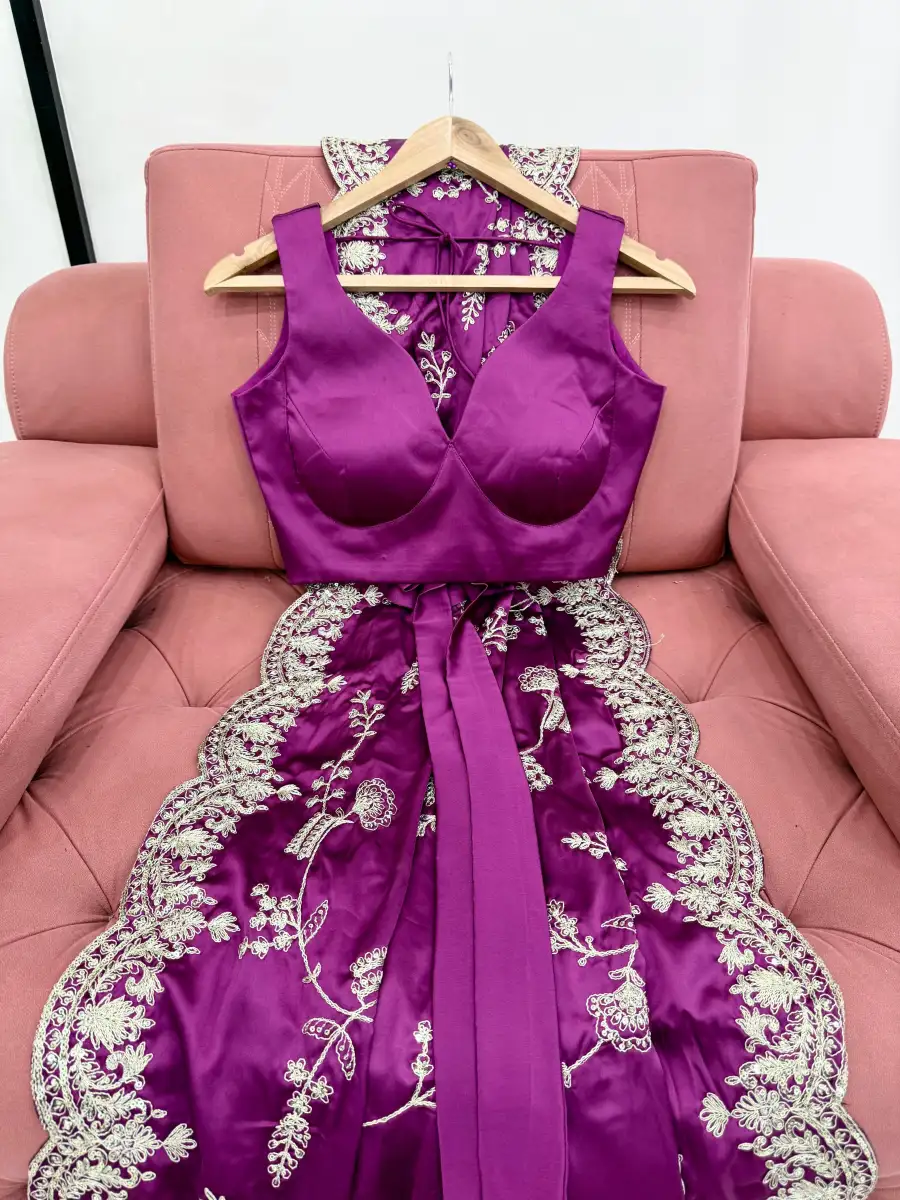 DESIGNER JAPAN SATIN CODING WITH SEQUENCE EMBROIDERY WORK SAREE WITH UNSTITCHED BLOUSE FESTIVE WEAR WHOLESALE PRICE ETHNIC GARMENT (1)