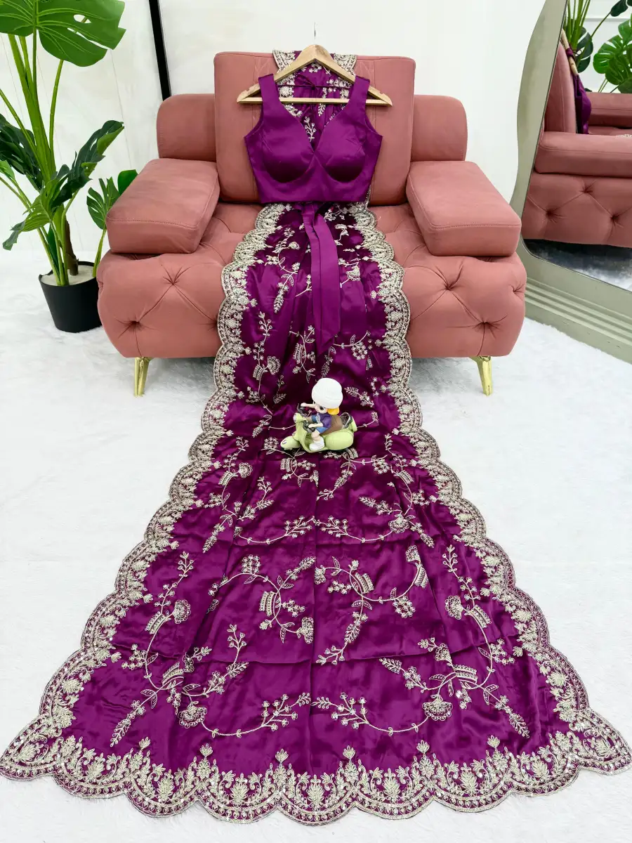 DESIGNER JAPAN SATIN CODING WITH SEQUENCE EMBROIDERY WORK SAREE WITH UNSTITCHED BLOUSE FESTIVE WEAR WHOLESALE PRICE ETHNIC GARMENT (10)