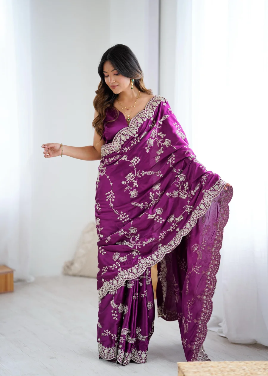 DESIGNER JAPAN SATIN CODING WITH SEQUENCE EMBROIDERY WORK SAREE WITH UNSTITCHED BLOUSE FESTIVE WEAR WHOLESALE PRICE ETHNIC GARMENT (2)