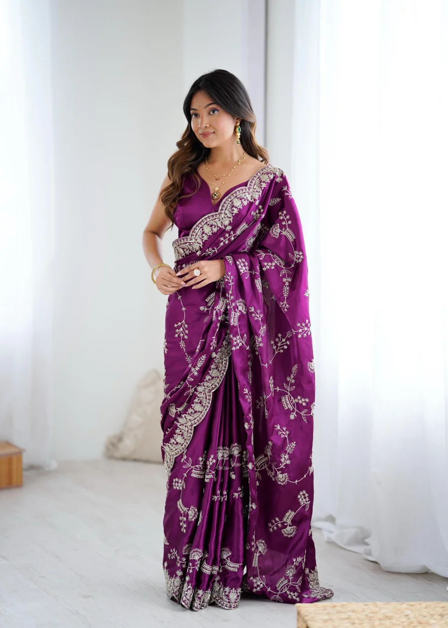 DESIGNER JAPAN SATIN CODING WITH SEQUENCE EMBROIDERY WORK SAREE WITH UNSTITCHED BLOUSE FESTIVE WEAR WHOLESALE PRICE ETHNIC GARMENT (3)