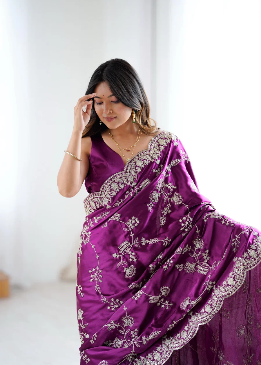 DESIGNER JAPAN SATIN CODING WITH SEQUENCE EMBROIDERY WORK SAREE WITH UNSTITCHED BLOUSE FESTIVE WEAR WHOLESALE PRICE ETHNIC GARMENT (7)