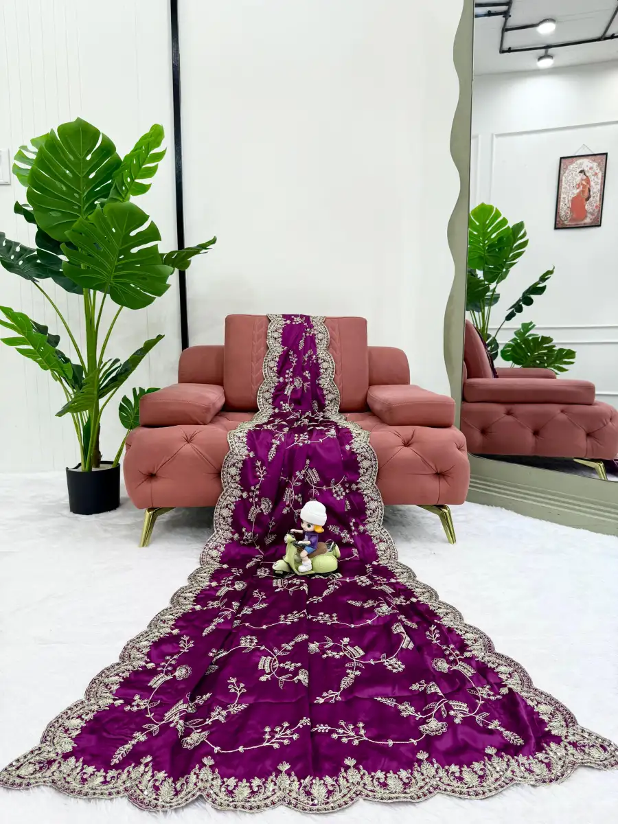 DESIGNER JAPAN SATIN CODING WITH SEQUENCE EMBROIDERY WORK SAREE WITH UNSTITCHED BLOUSE FESTIVE WEAR WHOLESALE PRICE ETHNIC GARMENT (8)
