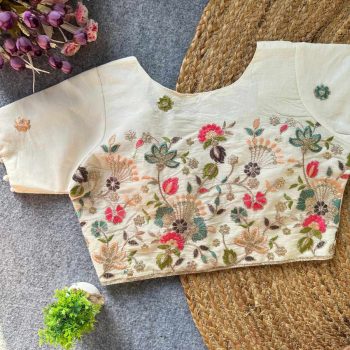 DESIGNER KHADI COTTON EMBROIDERED WORK STITCHED BLOUSE OFF WHITE