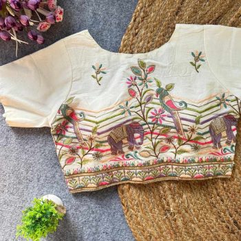 DESIGNER KHADI COTTON EMBROIDERED WORK STITCHED BLOUSE OFF WHITE