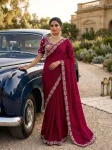 DESIGNER MALAI SATIN BEADS 3 SEQUNCE EMBROIDERY WORK LACE BORDER WORK SAREE WITH STITCHED BLOUSE RANI