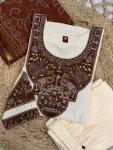 DESIGNER MANGO SILK MULTI EMBROIDERY WITH HAND WORK TOP BOTTOM WITH DUPATTA CREAM AND CHIKU