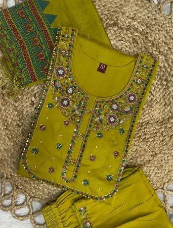 DESIGNER MANGO SILK MULTI EMBROIDERY WITH SEQUENCE & HAND WORK TOP BOTTOM WITH DUPATTA LEMON