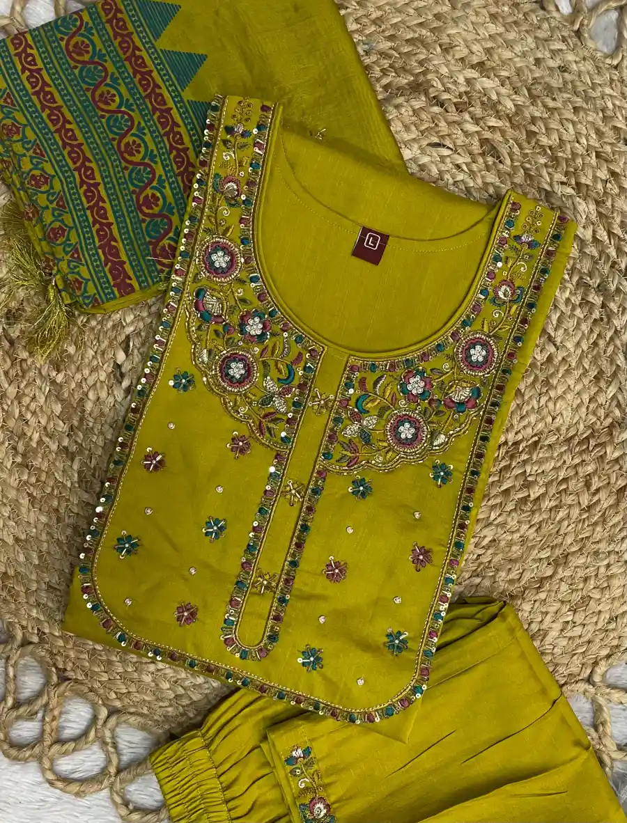 DESIGNER MANGO SILK MULTI EMBROIDERY WITH SEQUENCE & HAND WORK TOP BOTTOM WITH DUPATTA FESTIVE WEAR WHOLESALE PRICE ETHNIC GARMENT (11)
