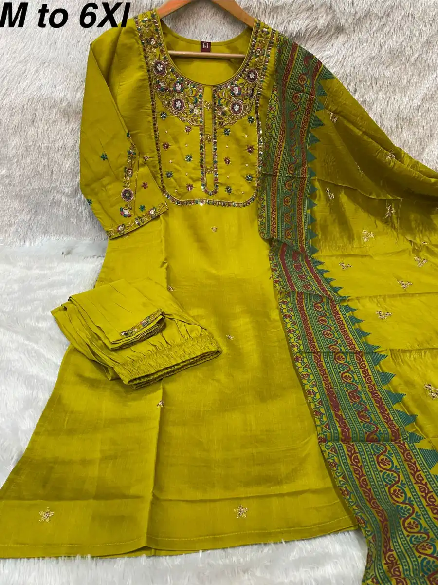 DESIGNER MANGO SILK MULTI EMBROIDERY WITH SEQUENCE & HAND WORK TOP BOTTOM WITH DUPATTA FESTIVE WEAR WHOLESALE PRICE ETHNIC GARMENT (12)
