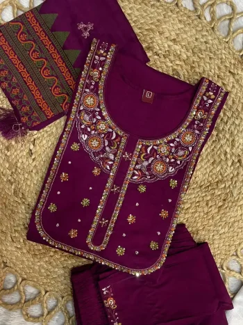 DESIGNER MANGO SILK MULTI EMBROIDERY WITH SEQUENCE & HAND WORK TOP BOTTOM WITH DUPATTA WINE