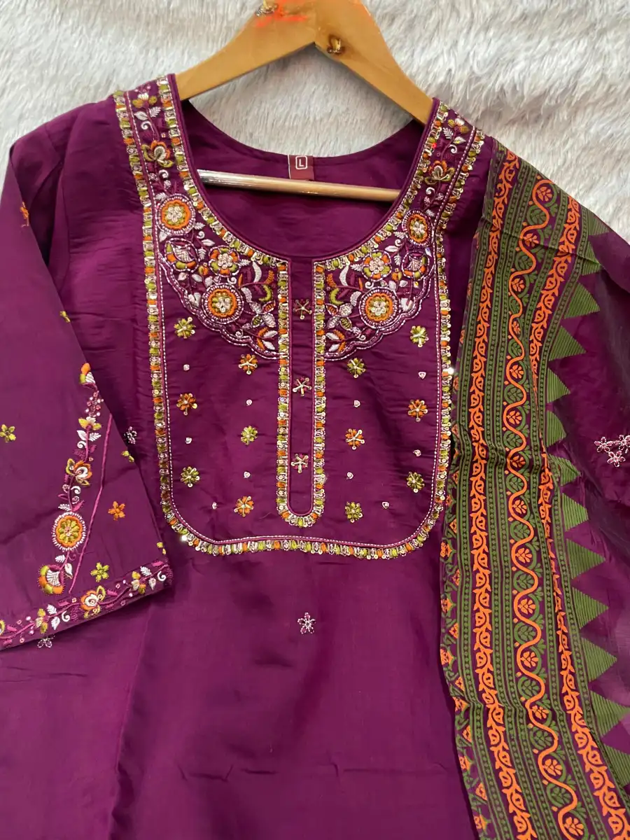 DESIGNER MANGO SILK MULTI EMBROIDERY WITH SEQUENCE & HAND WORK TOP BOTTOM WITH DUPATTA FESTIVE WEAR WHOLESALE PRICE ETHNIC GARMENT (16)