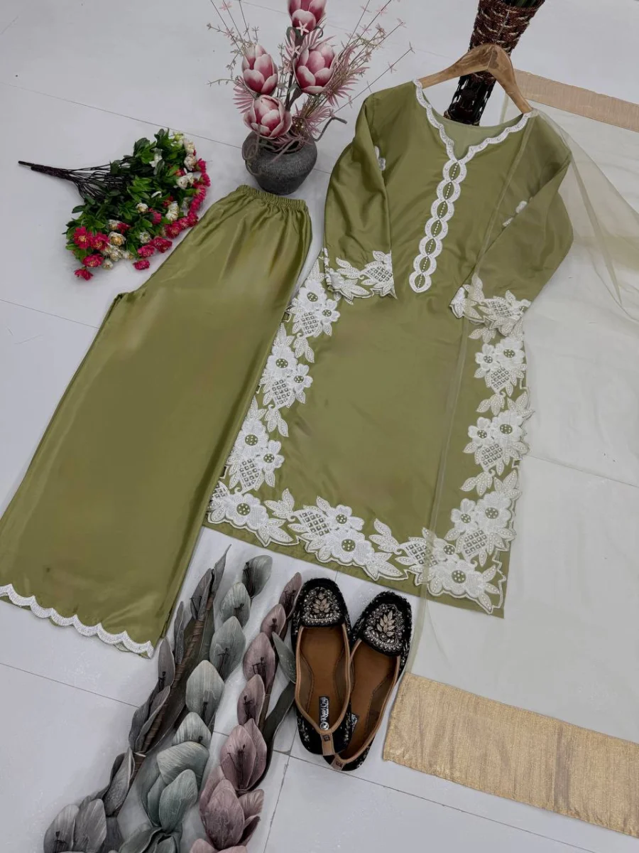 DESIGNER NATURAL SILK EMBROIDRY WORK WITH HEAVY PERAL MOTI HAND WORK TOP PALAZZO WITH DUPATTA FESTIVE WEAR WHOLESALE PRICE ETHNIC GARMENT (1)