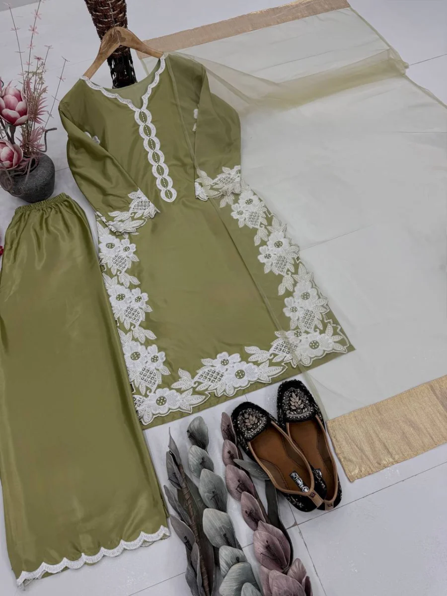DESIGNER NATURAL SILK EMBROIDRY WORK WITH HEAVY PERAL MOTI HAND WORK TOP PALAZZO WITH DUPATTA FESTIVE WEAR WHOLESALE PRICE ETHNIC GARMENT (12)