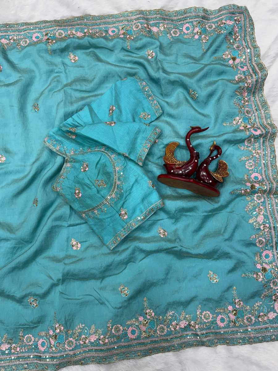 DESIGNER NC VICHITRA SEQUENCE AND MULTI COLOR THREAD EMBROIDERY WORK SAREE WITH UNSTITCHED BLOUSE WEDDING WEAR WHOLESALE PRICE ETHNIC GARMENT (8)