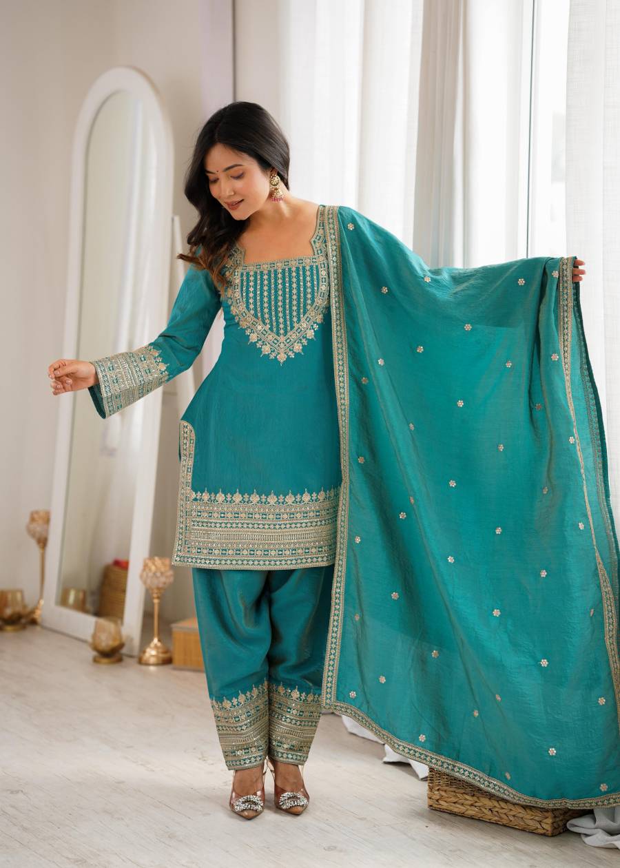 DESIGNER NC VICHITRA SILK EMBROIDERY SEQUENCE DORI AND JARI WORK TOP PATIYALA WITH DUPATTA FESTIVE WEAR WHOLESALE PRICE ETHNIC GARMENT (3)