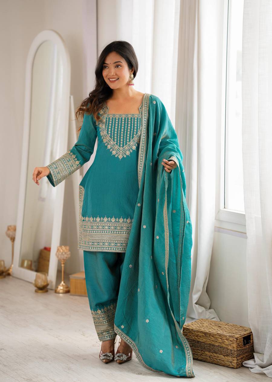 DESIGNER NC VICHITRA SILK EMBROIDERY SEQUENCE DORI AND JARI WORK TOP PATIYALA WITH DUPATTA FESTIVE WEAR WHOLESALE PRICE ETHNIC GARMENT (5)