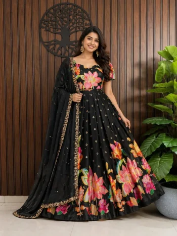 DESIGNER PURE SILK DIGITAL POSITION FOIL PRINT WORK GOWN WITH DUPATTA BLACK
